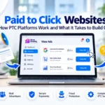 Paid to click websites showing a PTC platform dashboard for advertisers and members