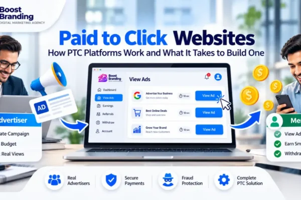 Paid to click websites showing a PTC platform dashboard for advertisers and members