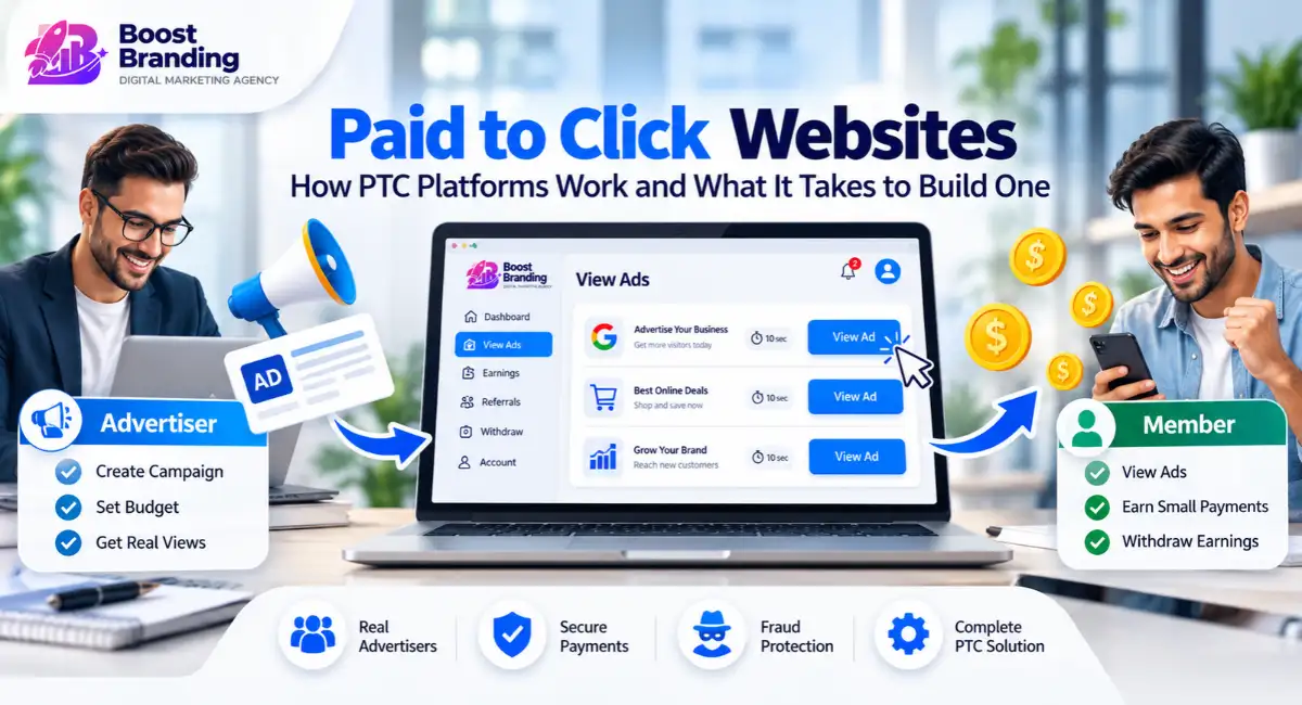 Paid to click websites showing a PTC platform dashboard for advertisers and members